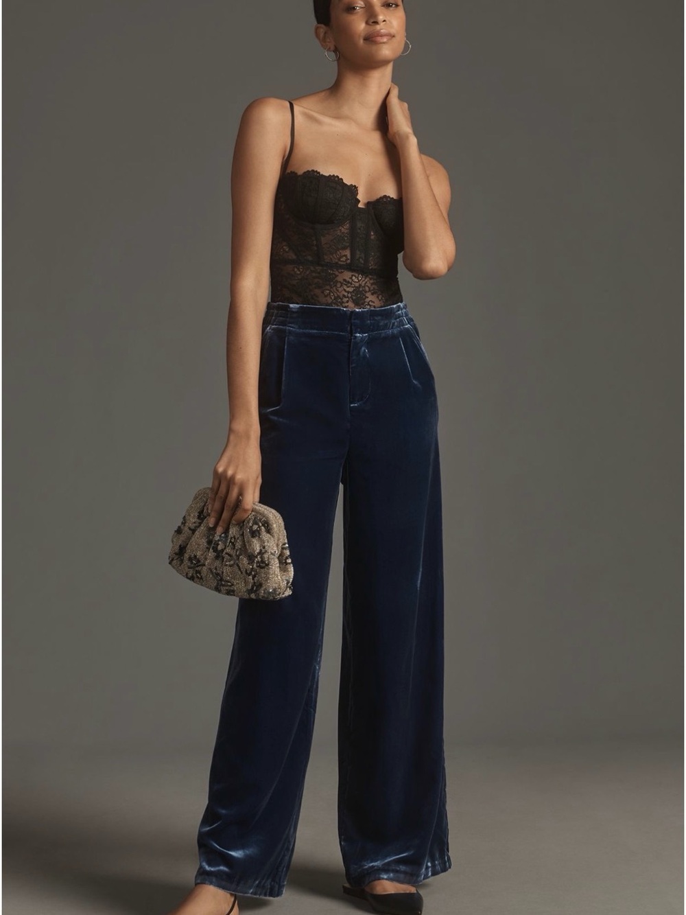 Wide Leg Velvet Pants by Anthropologie Deep Navy in Size Small